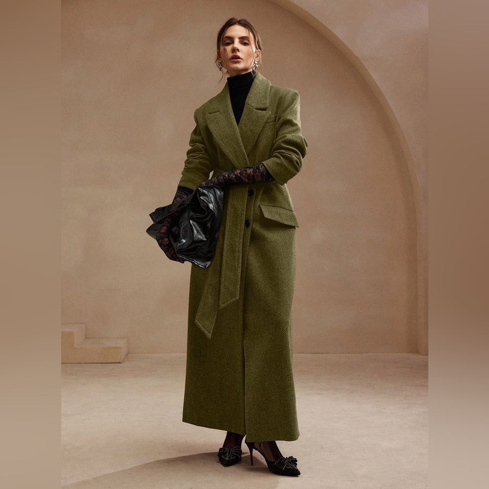 Luxury Long Pea Coat Belted Jacket dark Brown - Picture 11 of 13